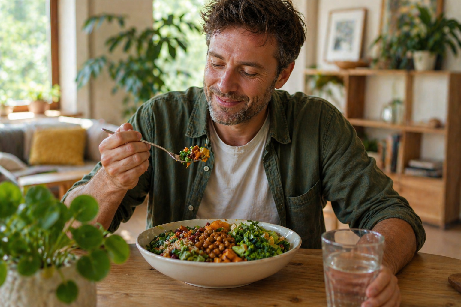 Man eet een plantaardige maaltijd en geniet van het eten